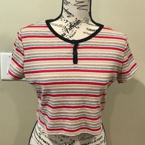 Red, cream, grey, and gold striped crop top